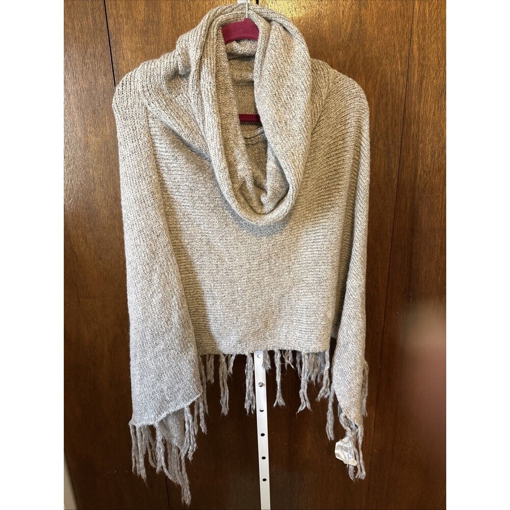 NEW Bass Maine Womens Gray Cowl Neck Fringed Knit Poncho Sweater One Size